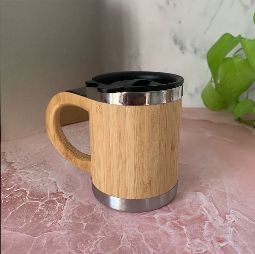 [E-COM00000062] Bamboo Cup Stainless Steel with Lid & Handle